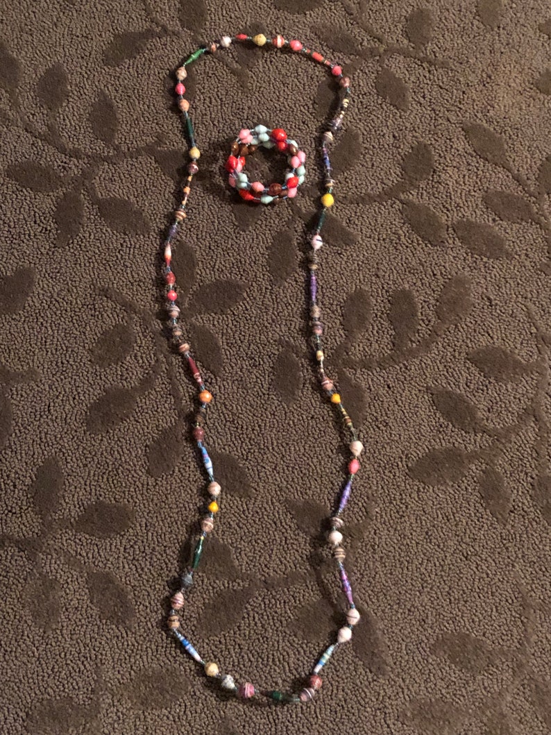 Lovely colorful African handmade recycled paper beads beaded jewelry beautiful Africa set necklace and bracelet FREE Shipping