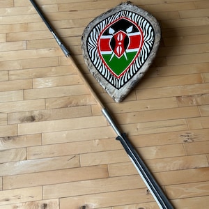 Unique handmade shield + African spear wood wooden shank metal knife spear 4 pc Kenya Africa hand crafted Maasai Masai Mara