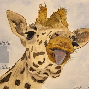 10&quot; x 14&quot; Giraffe Maasai Mara Kenya Africa original one of a kind watercolor painting African wild safari giraffe sticking tongue out