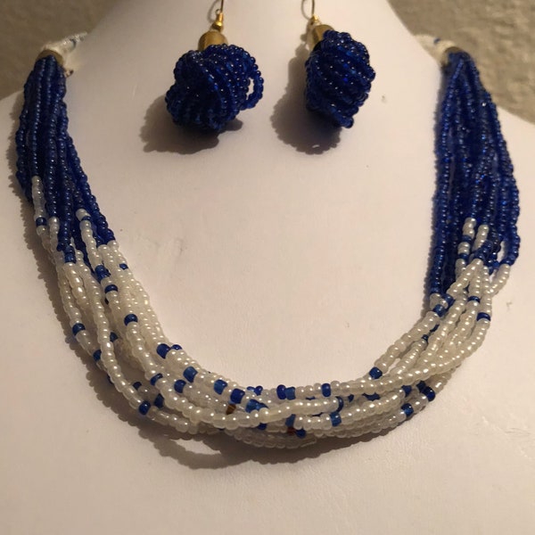 3 piece Maasai Masai Mara African jewelry set bright royal blue and white beaded necklace and earrings handmade seed beads Kenya Africa