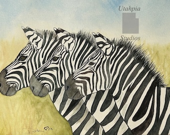 11" x 14" Afrikaanse Zebra Afrika safari origineel uniek aquarelschilderij 3 Zebra's gezichten zwart-witte streep Kenia Masai Maasai Mara