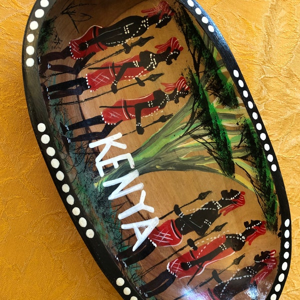 Beautiful hand carved painted African solid wood wooden large fruit bowl Maasai warriors Kenya Africa crafted Masai Mara wood carving
