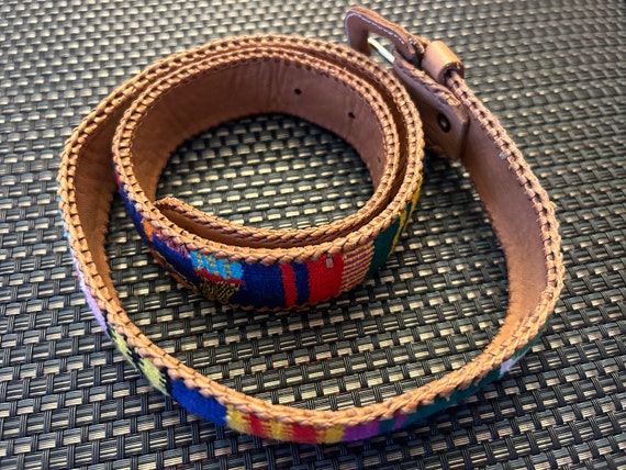 Guatemalan Brown Leather Belt with Multicolor hand made embroidery Albero del Real Naif Guatemala Ethnic Belt, Leather Belts  main image 4