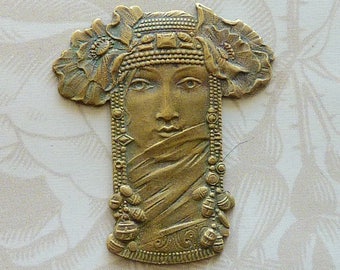 Vintage Brass stampings/Mystic Egyptian Goddess(1 pc)Vintage French Stampings/Art Nouveau Brass Stampings/Goddess Stampings/Egyptian Revival