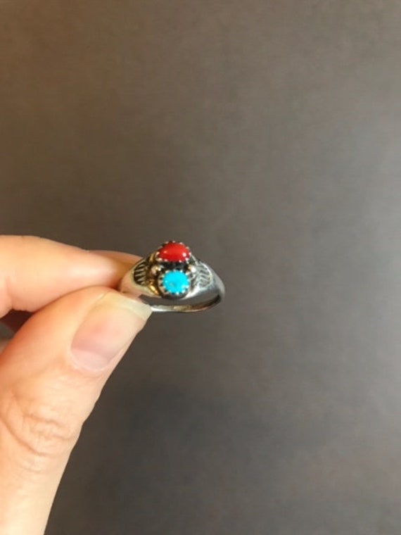 Turquoise and Red Coral Sterling Silver Ring