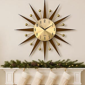Atomic Sunburst Wall Clock: 31" Handmade Brass Gold Vintage Decor
