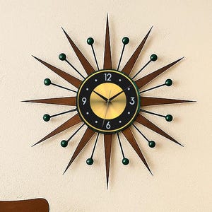 Dark Green Accents - Mid-Century Modern Starburst Wall Clock Replica – Retro Atomic Design, 27&quot; or 30&quot; -Handmade Vintage-Style Wall Art