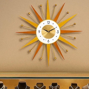 22&quot; Mid Century Modern Starburst Wall Clock – Handmade Retro Sunburst Clock – Orange & Yellow Wood – Silent Quartz Movement