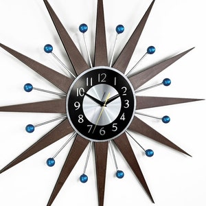 30"27" Blue accents George nelson sunburst clock Unique Wall Clock in 1970s style Starburst clock mid century Large wall clock