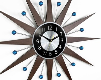 30"27" Blue accents George nelson sunburst clock Unique Wall Clock in 1970s style Starburst clock mid century Large wall clock