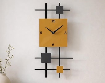 Mustard Yellow & Dark Gray Mid Century Modern Clock, Atomic Geometric Decor, Modernist Wall Art