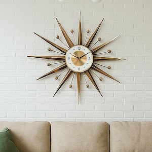 Large Metal Starburst Wall Clock: Mid Century Modern Atomic Decor