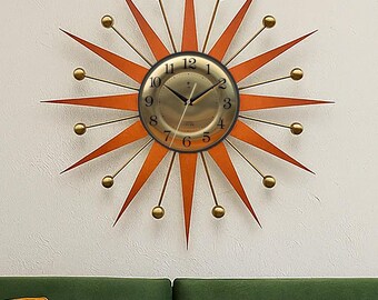 Burnt Orange Sunburst Wall Clock: Mid Century Modern Atomic Decor