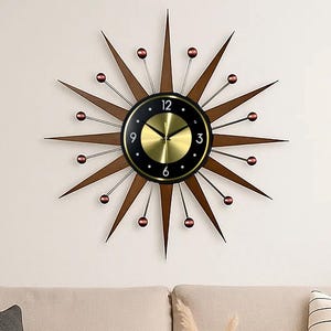 Mid-Century Modern Starburst Wall Clock – Burgundy Accent Retro Clock 26" or 30", Atomic Wall Art, Vintage-Inspired MCM Decor