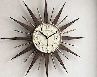 Mid Century Modern Sunburst Clock 16 Inch Atomic Starburst George Nelson Style Silent