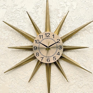 30" Gold Atomic clock Starburst unique wall clock George Nelson style Handmade 1970s sunburst vintage modern Nursery Brass Industrial clock