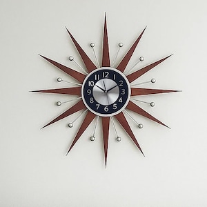 Mid-Century Modern Starburst Wall Clock Replica – Retro Atomic Design, Large 30x27in Wall Decor, Wood and Metal Sunburst Clock