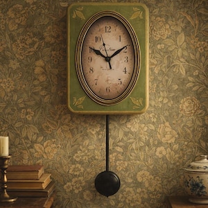 Peut inclure: Une horloge murale verte et dorée avec un cadran ovale. L'horloge a un pendule et est suspendue sur un fond de papier peint floral. Le cadran de l'horloge a des aiguilles noires et des chiffres romains.