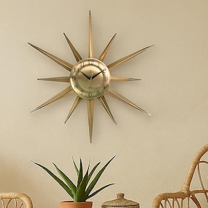 Mid-Century Modern Starburst Wanduhr: Messing Sunburst Design