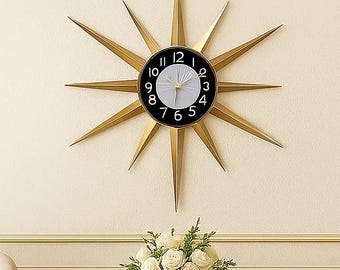 ゴールドスターバースト壁掛け時計、ミッドセンチュリーモダン
