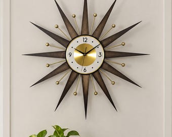 Large Mid Century Modern Starburst Wall Clock, Walnut Wood, Gold Metal, Silent Movement