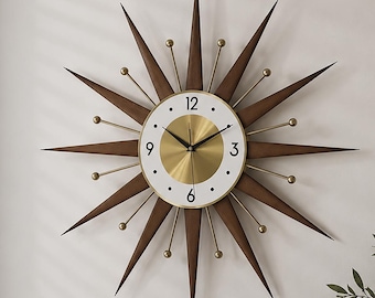 Mid Century Sunburst Wall Clock, Walnut Wood Rays, Retro Atomic Decor (22” or 25”)