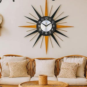 Handmade Brass Sunburst Wall Clock: 1970s Vintage Modern Decor