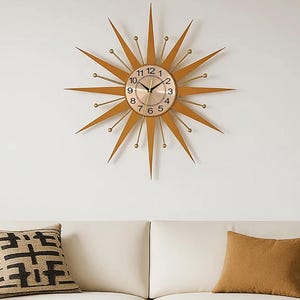 Mid Century Modern Starburst Wall Clock Replica – Retro Atomic Style Clock with Wood Veneer and Brass Accents, Large Wall Decor