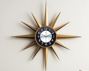 30" Mid-Century Starburst Wall Clock: Matte Gold & Black Atomic Decor