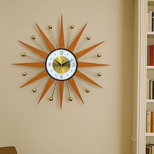 Mid Century Modern Starburst Wall Clock – Orange & Gold Atomic Style Clock – Handmade Retro Sunburst Decor – 25" 27" 30"  Large Wall Art