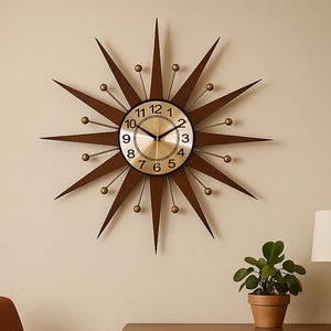 Mid-Century Modern Sunburst Wall Clock: Walnut Wood & Brass Accents