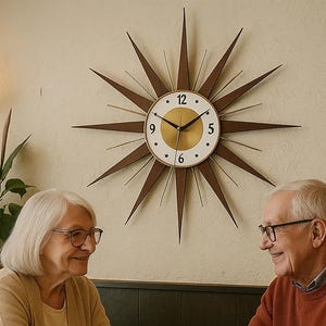 Mid Century Modern Starburst Wall Clock | Handmade Wooden Sunburst Clock | Retro Atomic Wall Decor | Silent Movement | MCM Gift