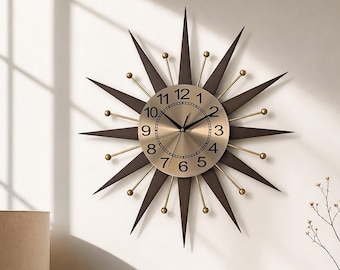 Mid Century Sunburst Clock, Walnut Wood Rays, Brushed Bronze Dial, Retro Atomic Decor