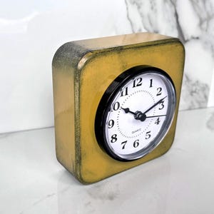 Yellow ochre shabby aged Wood desk clock Mantle clock Personalized gift Fireplace table Art Deco style funky clock Retro clocks Modern