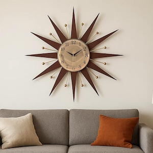 Handmade Starburst Wall Clock: Atomic Retro Brass Decor
