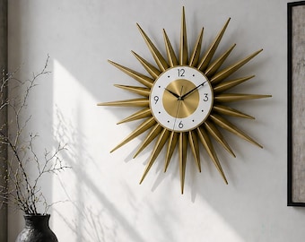 Gold Sunburst Clock, Mid Century Modern Starburst, Atomic Style Decor, Retro Accent, Nelson Inspired
