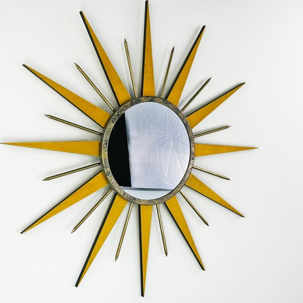 Miroir mural Starburst de 22 po. Miroir atomique rétro doré style George Nelson fait main des années 1970 sunburst vintage moderne en laiton industriel