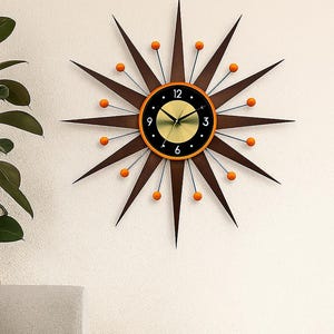 Mid-Century Modern Starburst Wall Clock Replica – Retro Atomic Design, Wood & Metal, Orange Accent, Large Vintage Style Decor