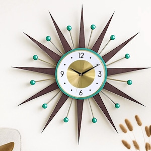Mid-Century Modern Starburst Clock – Retro Wall Clock with Turquoise Accents, 25&quot;, 27&quot;, 30&quot; – Handmade MCM Atomic Wall Art