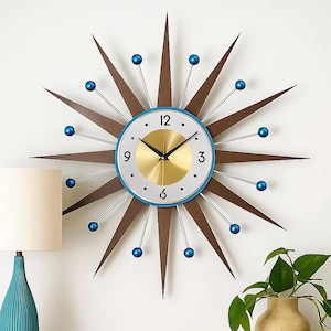 Mid-Century Modern Starburst Wall Clock Replica – Retro Atomic Design, 27" or 30", Blue Accents, Handmade Home Decor