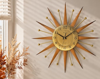 Atomic Wall Clock, Burnt Orange Sunburst, Gold Dial, Retro Office Decor, Mid Century Style