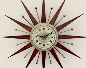 25"Starburst wall clock Roman numerals  Atomic retro clock Gold George Nelson style Handmade 1970s  sunburst vintage modern Industrial clock