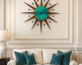 Large Starburst Wall Clock: Mid-Century Modern Green & Wood Atomic Design