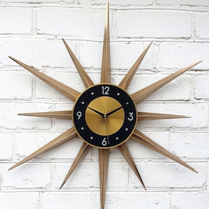 30" Metal Gold Atomic clock Luminous Clock Starburst wall clock George Nelson style Handmade 1970s sunburst vintage modern Nursery Brass