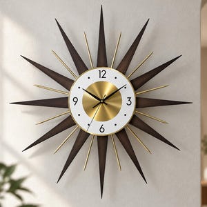 Mid Century Modern Starburst Wall Clock, Dark Brown Wood and Gold Accents