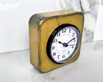 Yellow Ochre Wood Desk Clock: Retro Art Deco Style