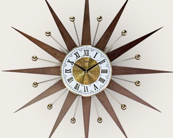 30" 26" Atomic wall clock Gold Roman numerals Starburst Clock George Nelson style 1970s Handmade sunburst Brass  Large clock vintage modern