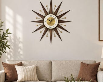 Starburst Wall Clock: Atomic Brass & Wood, 1970s Style (30"/27"/25")