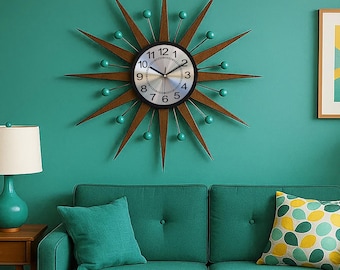 Mid-Century Starburst Wall Clock – Retro Wood & Teal Decor – Silent Quartz Movement – Modern Atomic Wall Art – Handmade Gift 30&quot; 27&quot; 25&quot;