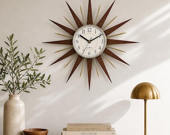 Handmade Mid Century Modern Clock 16”, Atomic Starburst Wall Clock, Wooden Sunburst, Silent Retro Wall Decor, George Nelson Style